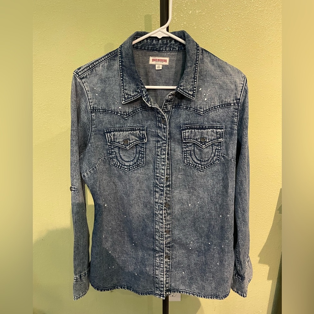 True Religion denim button paint splatter top